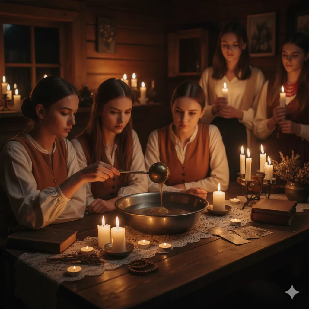 Andrzejki ukazane w tradycyjny sposób, kilka kobiet wróży z wosku