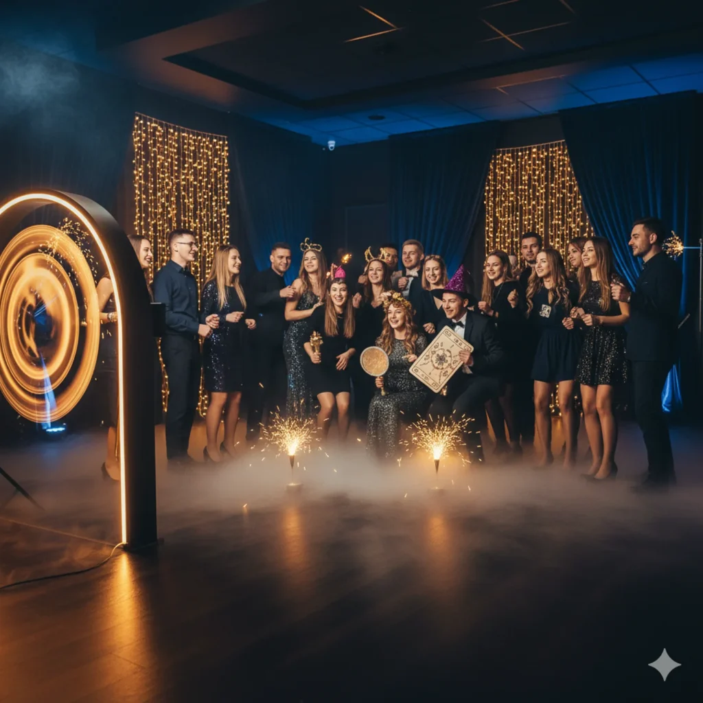 efekty świetlne na nowoczesnej imprezie, tłum pozuje do zdjęcia
